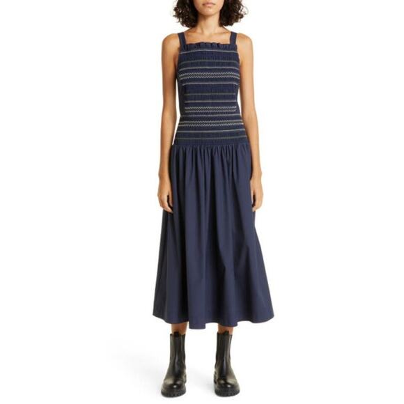NWT JASON WU Smocked Bodice Drop Waist Sundress in Navy Size 6 - Picture 1 of 6